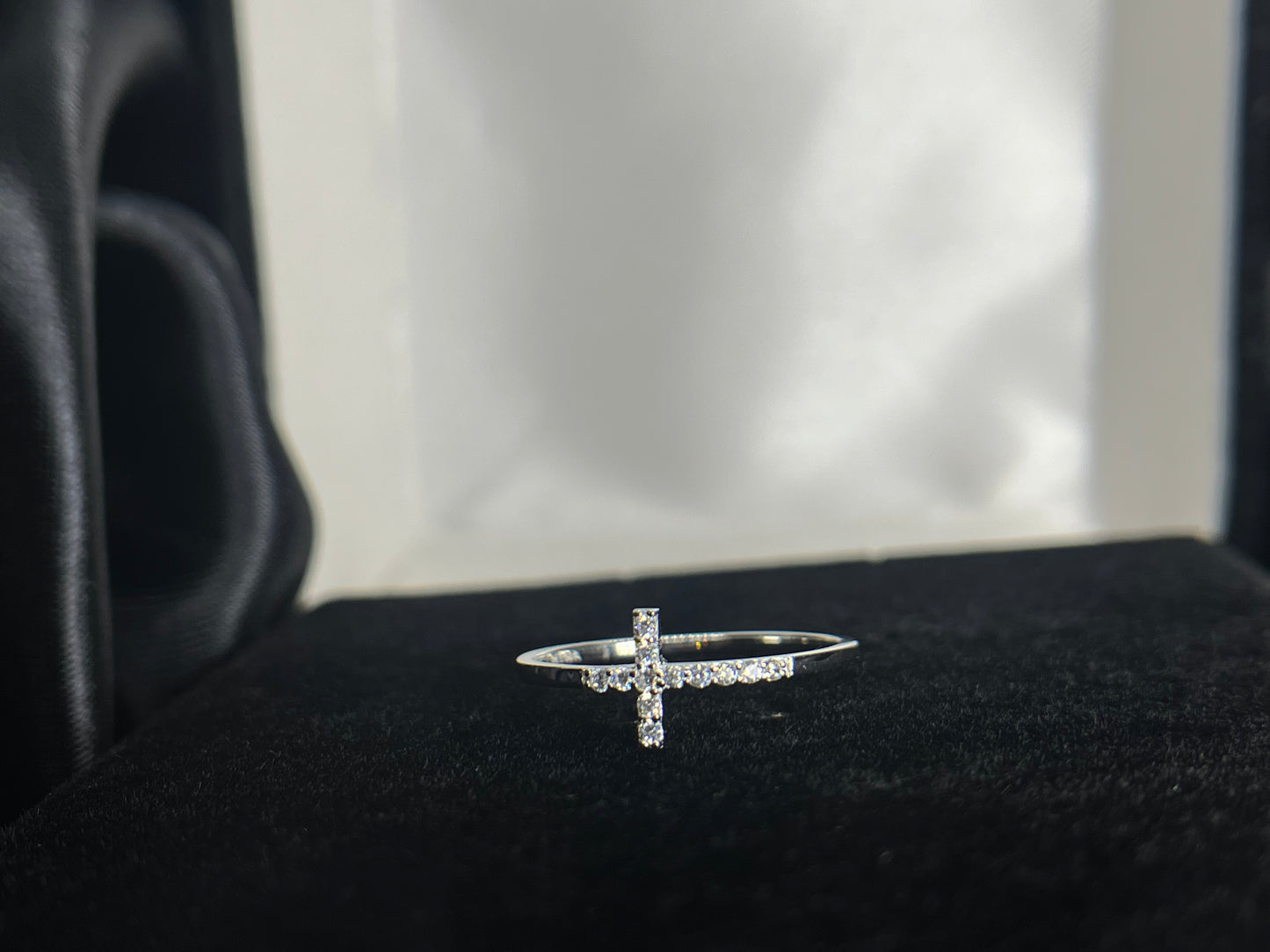 Sterling Silver Rhodium-plated CZ Sideways Cross Ring