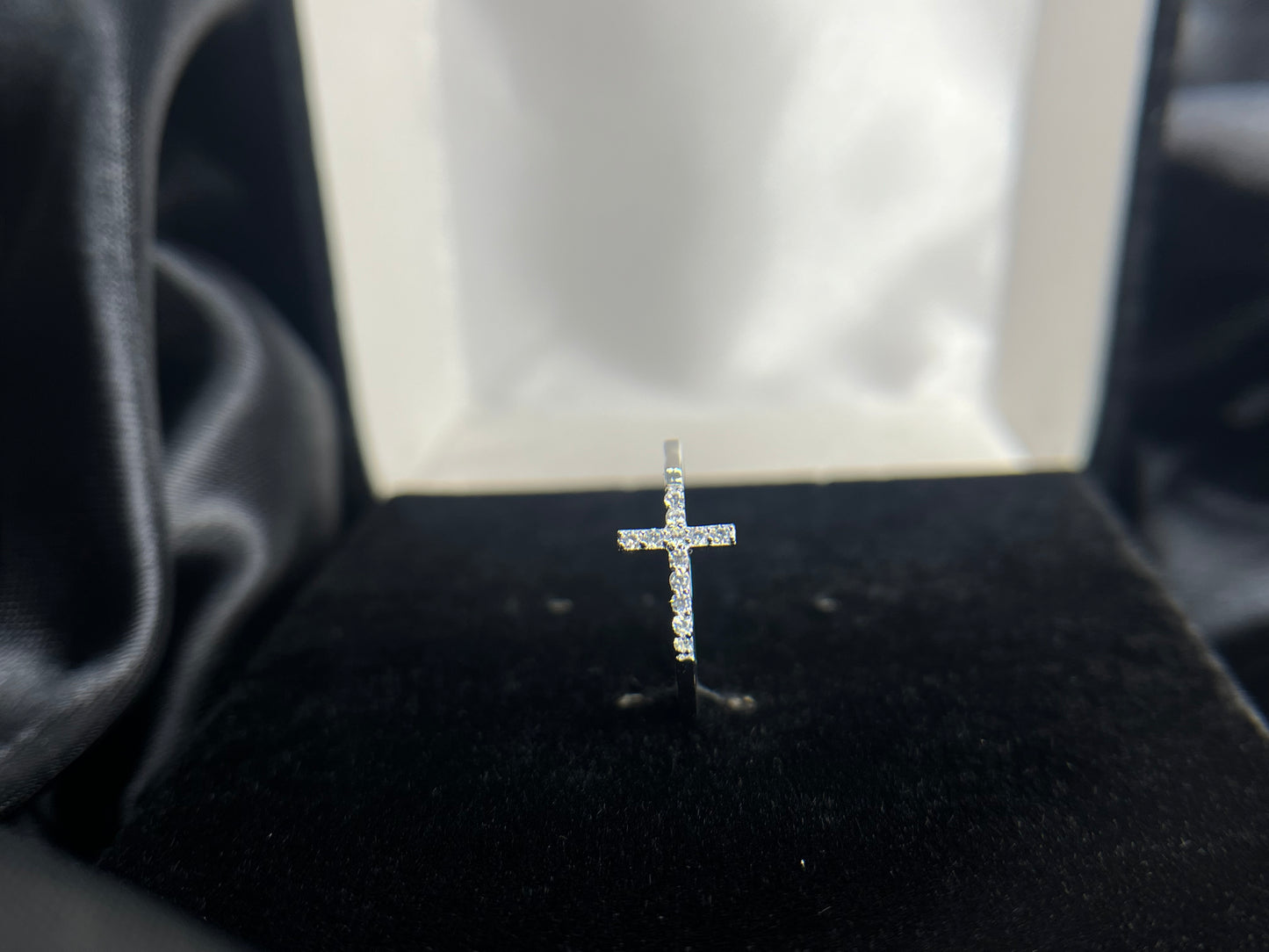 Sterling Silver Rhodium-plated CZ Sideways Cross Ring
