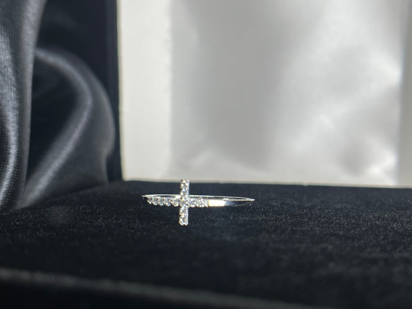 Sterling Silver Rhodium-plated CZ Sideways Cross Ring