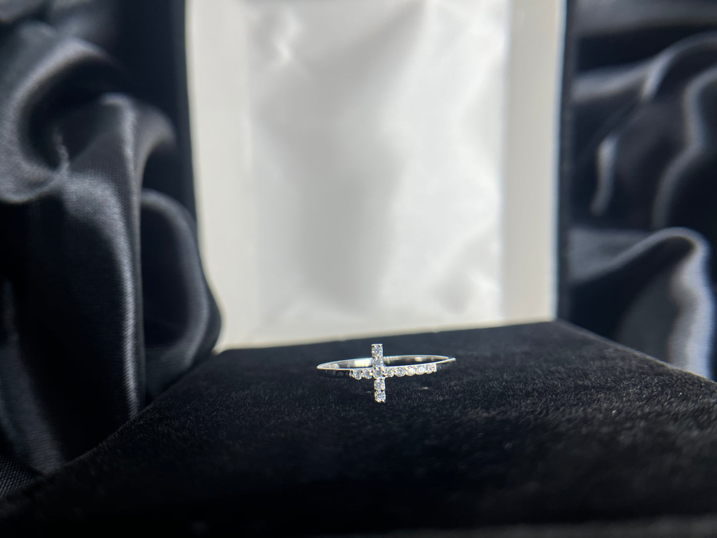 Sterling Silver Rhodium-plated CZ Sideways Cross Ring