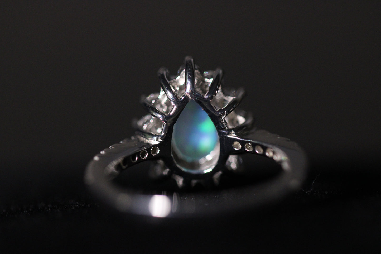 Cheryl M Sterling Silver Rhodium-plated Cabochon Lab Created Opal and Brilliant-cut CZ Teardrop Halo Ring
