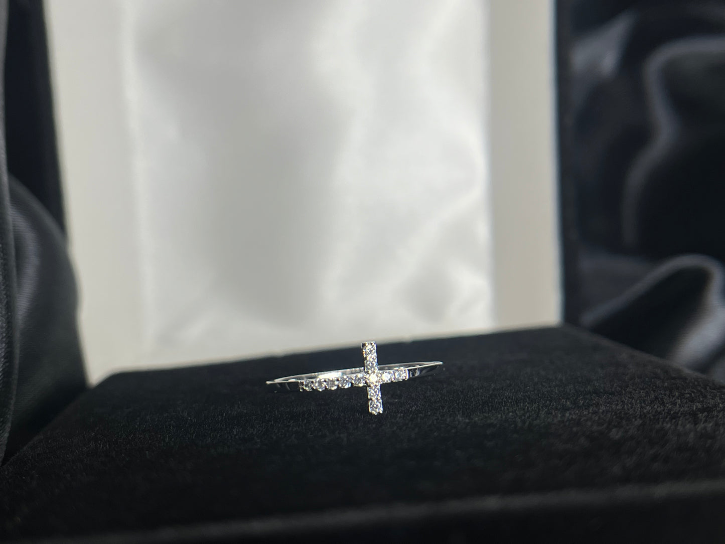 Sterling Silver Rhodium-plated CZ Sideways Cross Ring