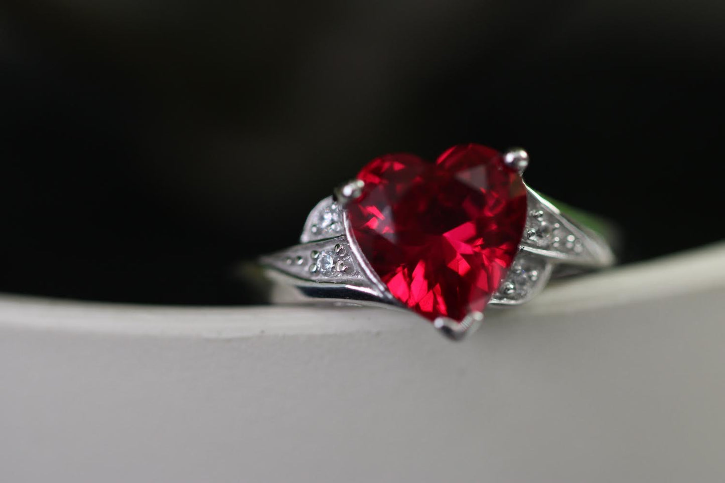 Sterling Silver Rhodium-plated CZ and Synthetic Ruby Heart Ring