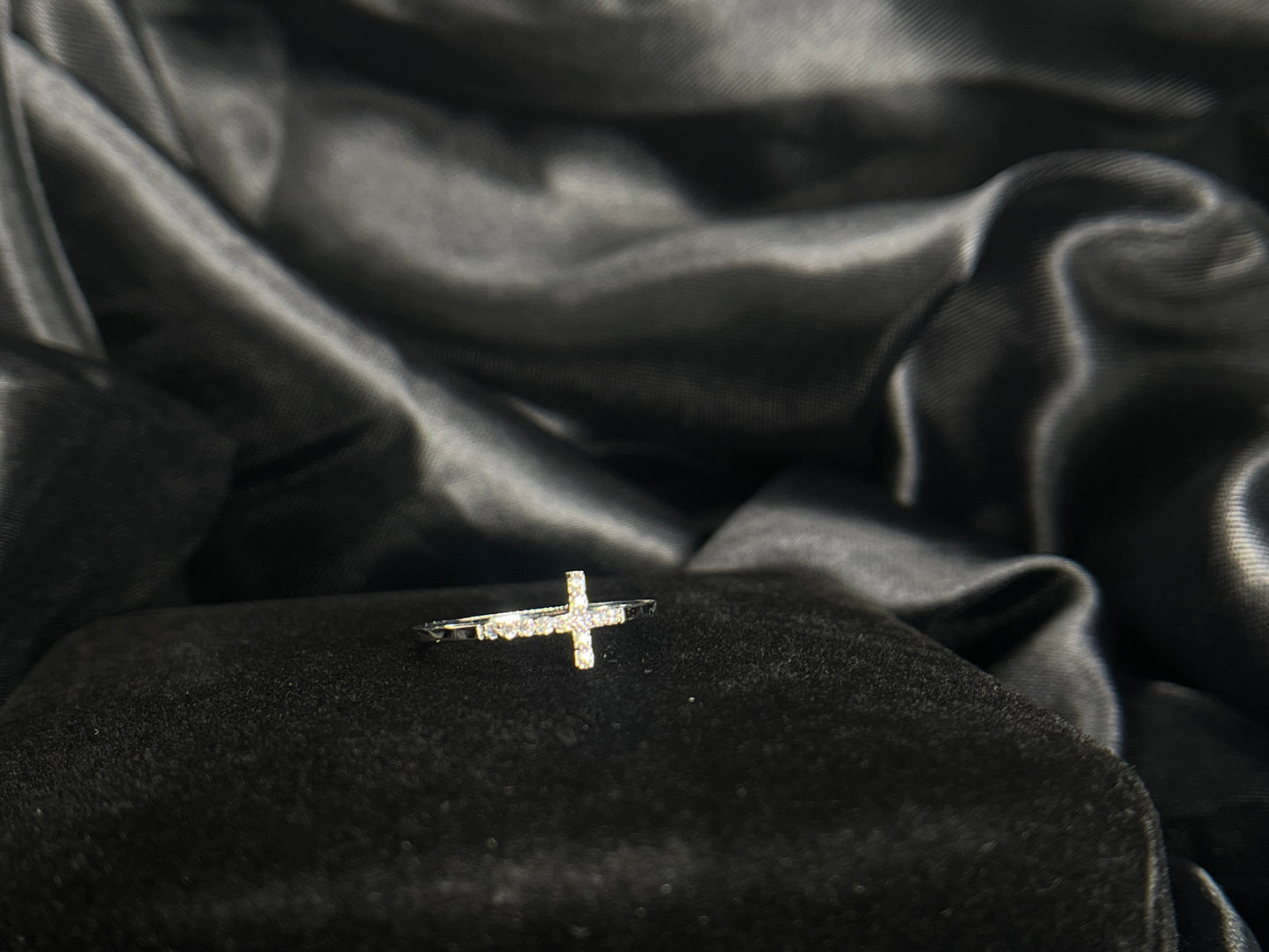 Sterling Silver Rhodium-plated CZ Sideways Cross Ring