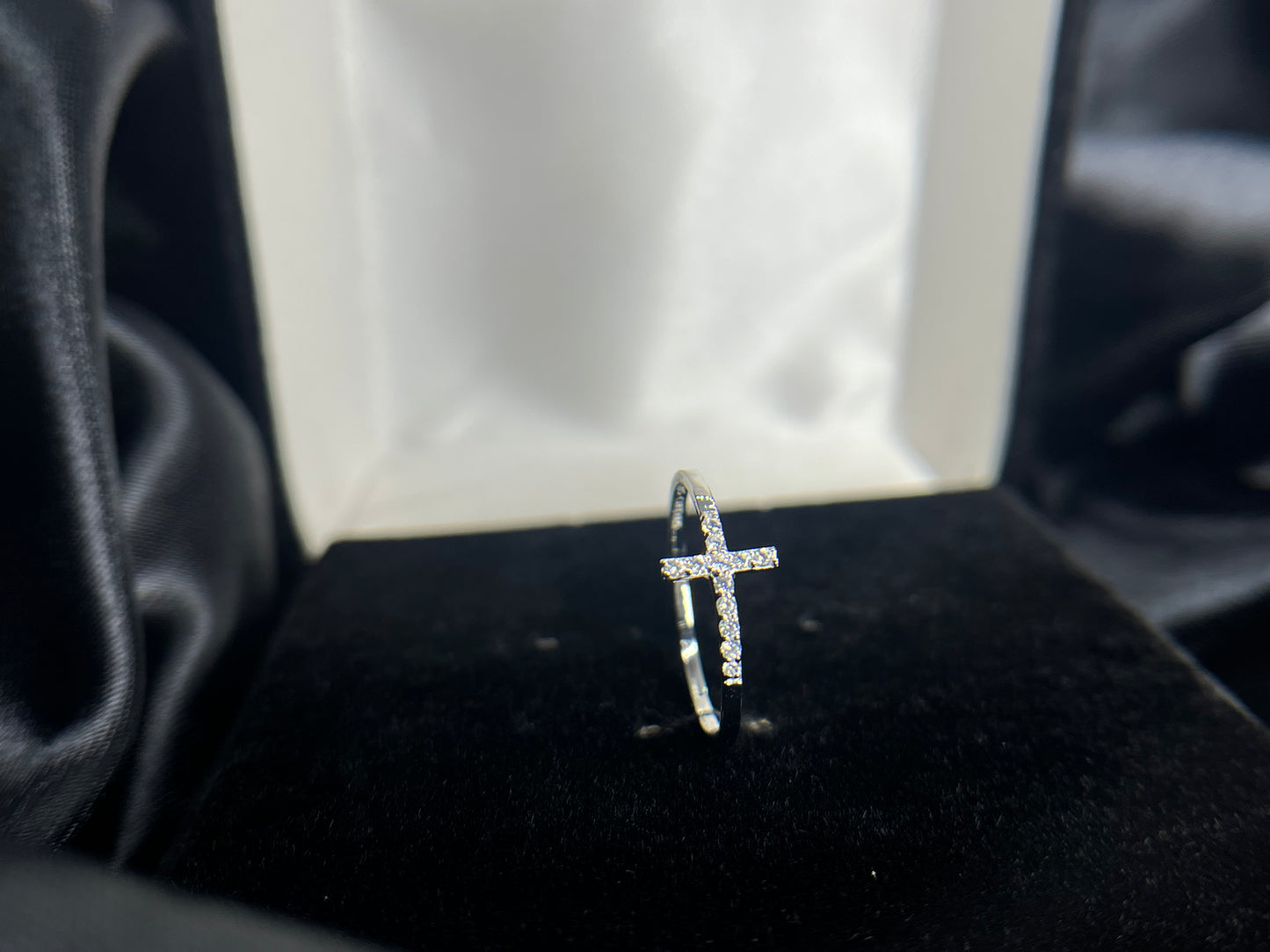 Sterling Silver Rhodium-plated CZ Sideways Cross Ring