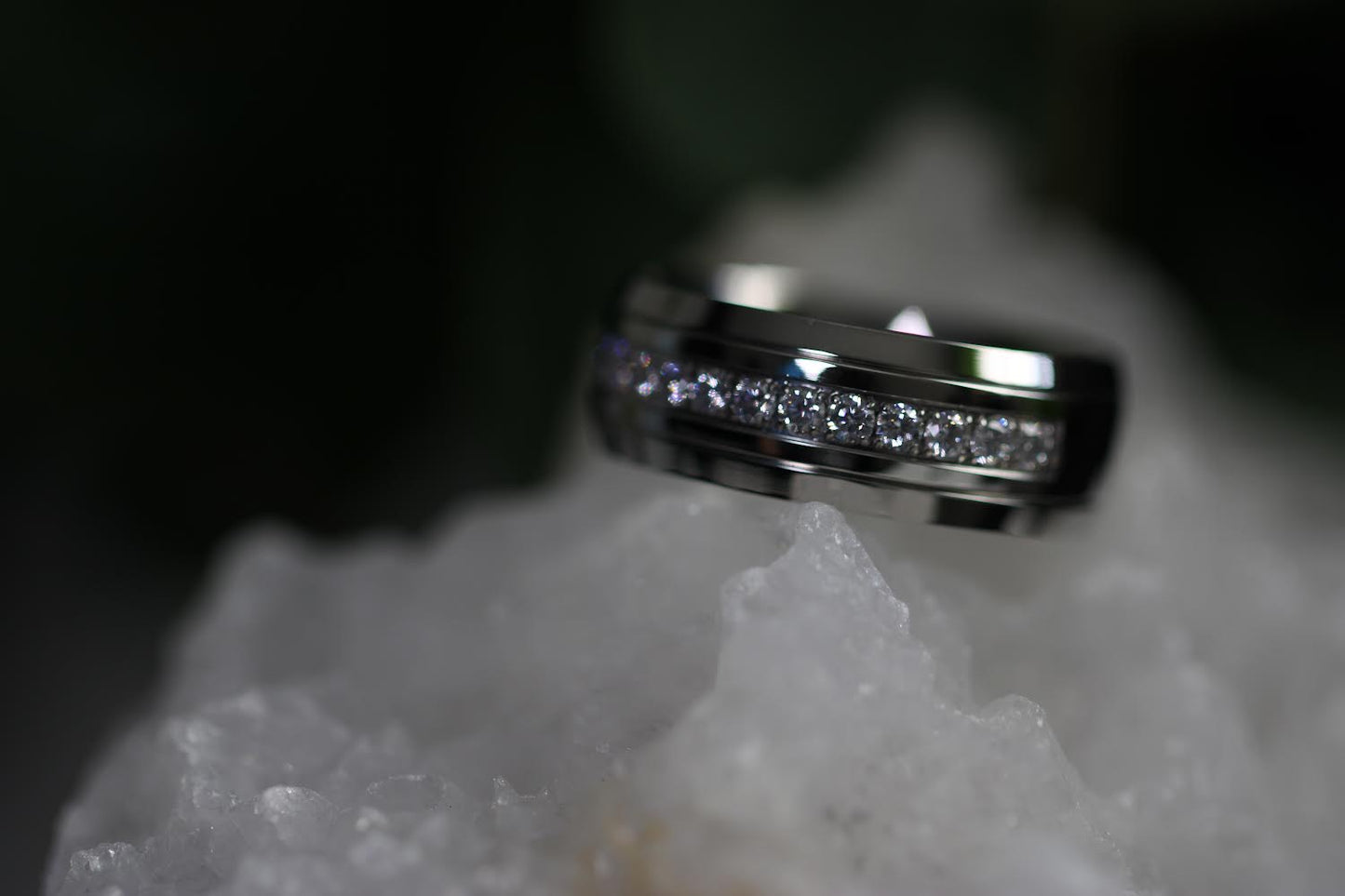 Chisel Stainless Steel Polished and Grooved with CZ 8mm Half Round Band