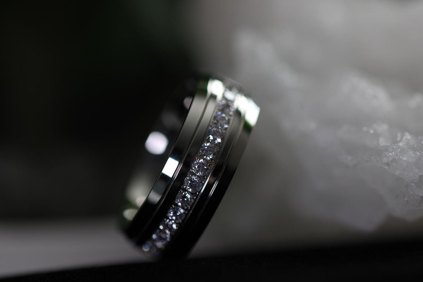 Chisel Stainless Steel Polished and Grooved with CZ 8mm Half Round Band